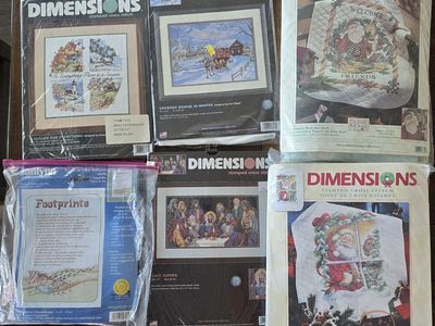 Dimensions Stamped Cross Stitch Kits: 'Covered Bridge', 'Last Supper', 'Footprints', 'Debbie Mumm Santa'