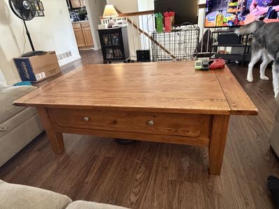 Rustic Oak Wood Coffee Table with Storage Drawer