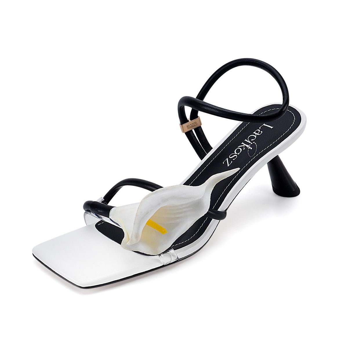 LACIKOSZ Flower Kitten Heel Sandals for Women Calla Lily White Heels Square Open Toe Floral Strappy Low Heel Sandals Summer Dres
