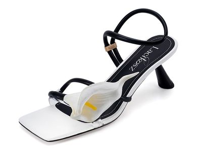 LACIKOSZ Flower Kitten Heel Sandals for Women Calla Lily White Heels Square Open Toe Floral Strappy Low Heel Sandals Summer Dres