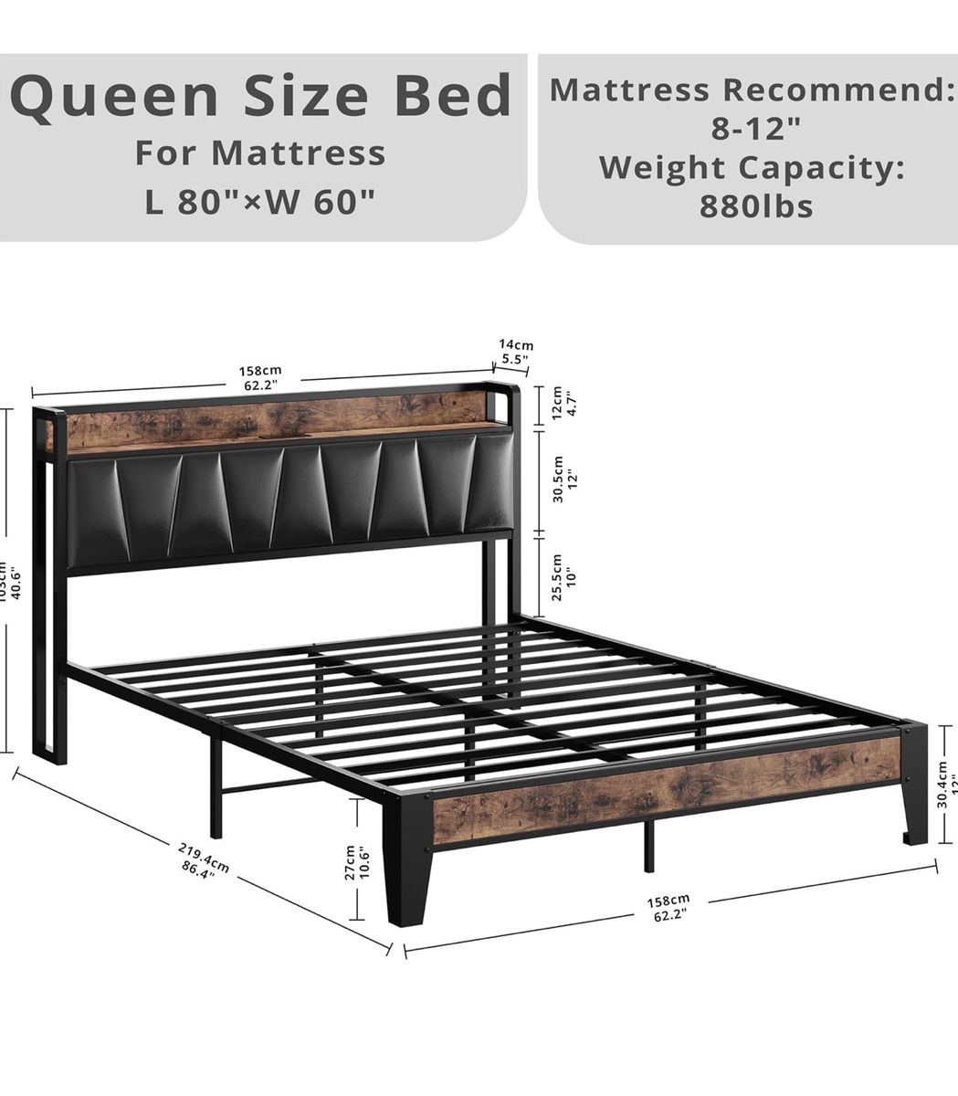 LIKIMIO Queen Bed Frame, Storage Headboard NEW