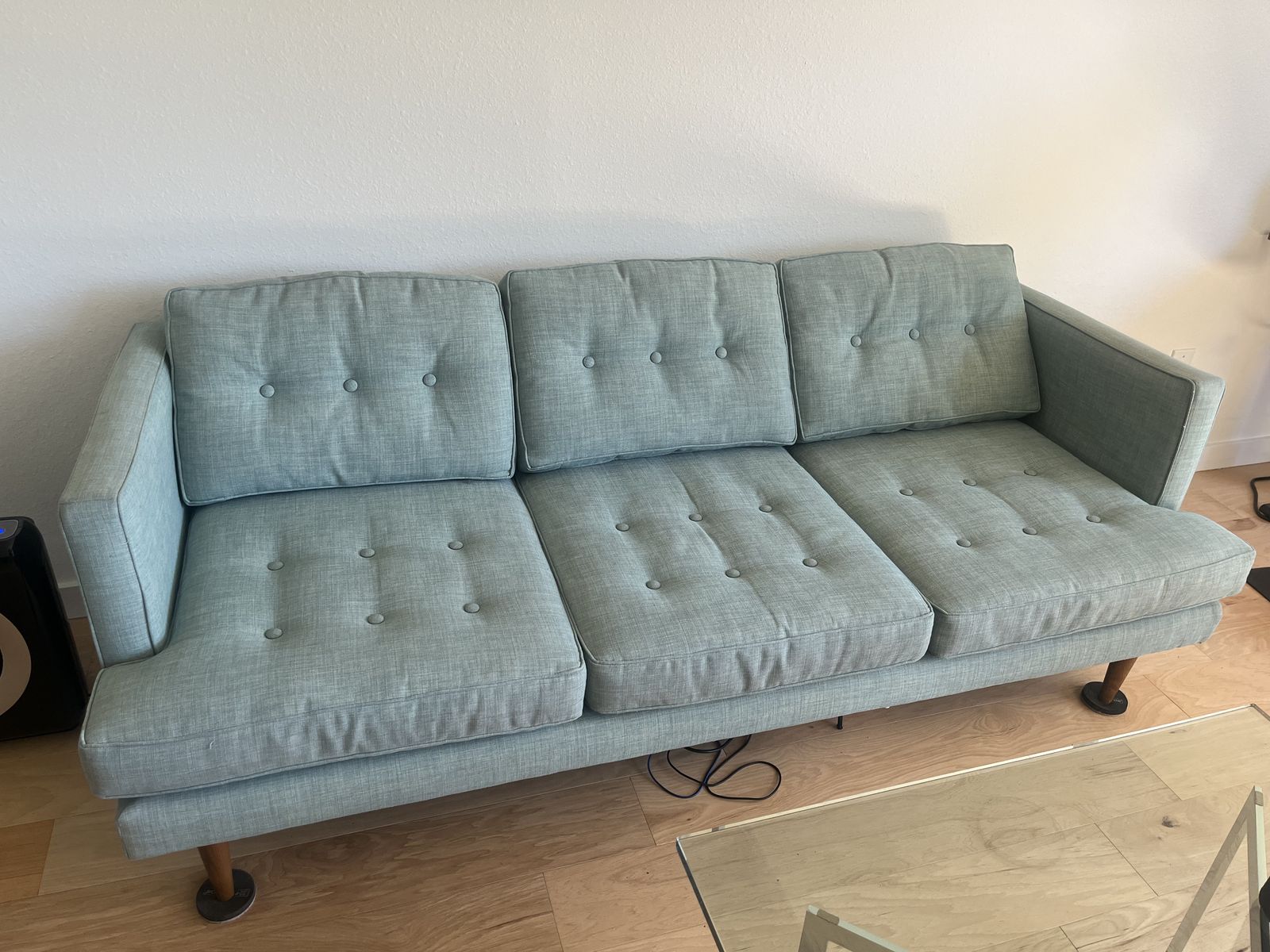 West Elm Peggy Mid-Century Tufted 3 Seater 79.5" Sofa, Heathered Weave, Eucalyptus