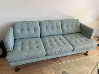 West Elm Peggy Mid-Century Tufted 3 Seater 79.5" Sofa, Heathered Weave, Eucalyptus