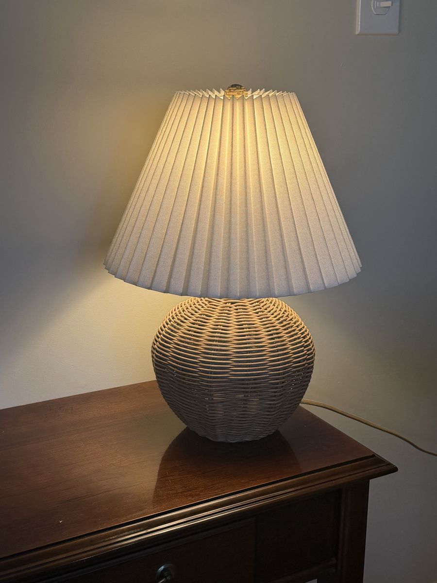 Woven Rattan Table Lamp with Fabric Pleated Shade