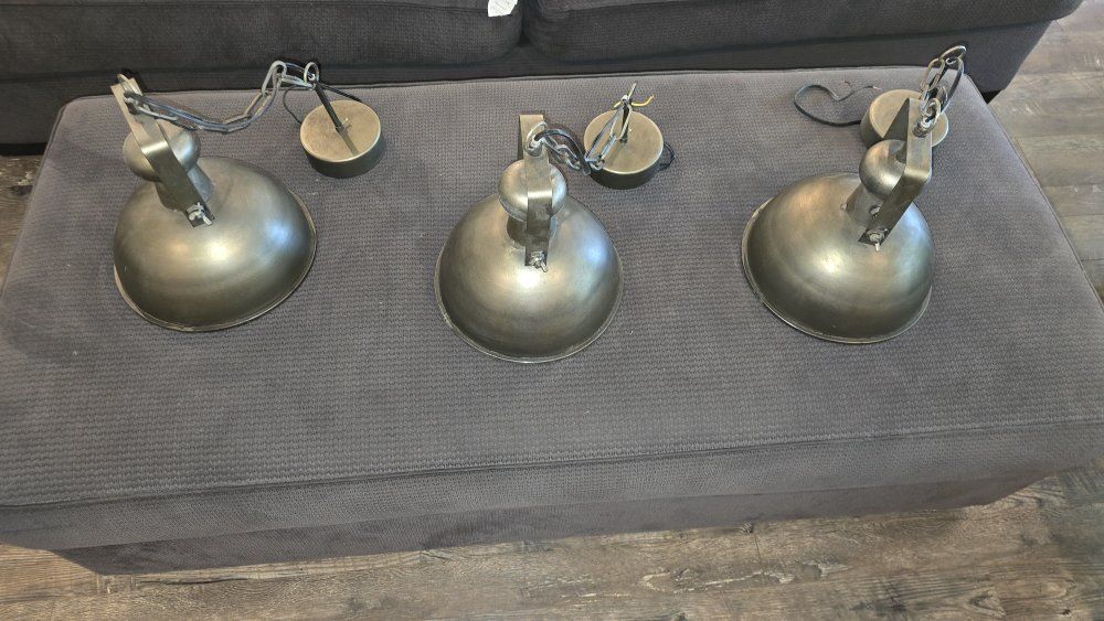 Set of 3 Vintage Industrial Style Metal Dome Pendant Lights - Aged Bronze Finish