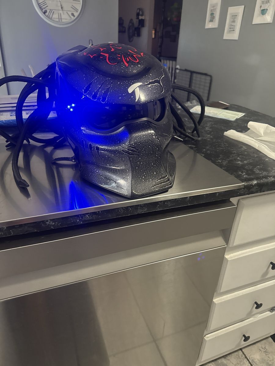 Custom Predator Style Full Face Motorcycle Helmet with Blue LED Accent Lights