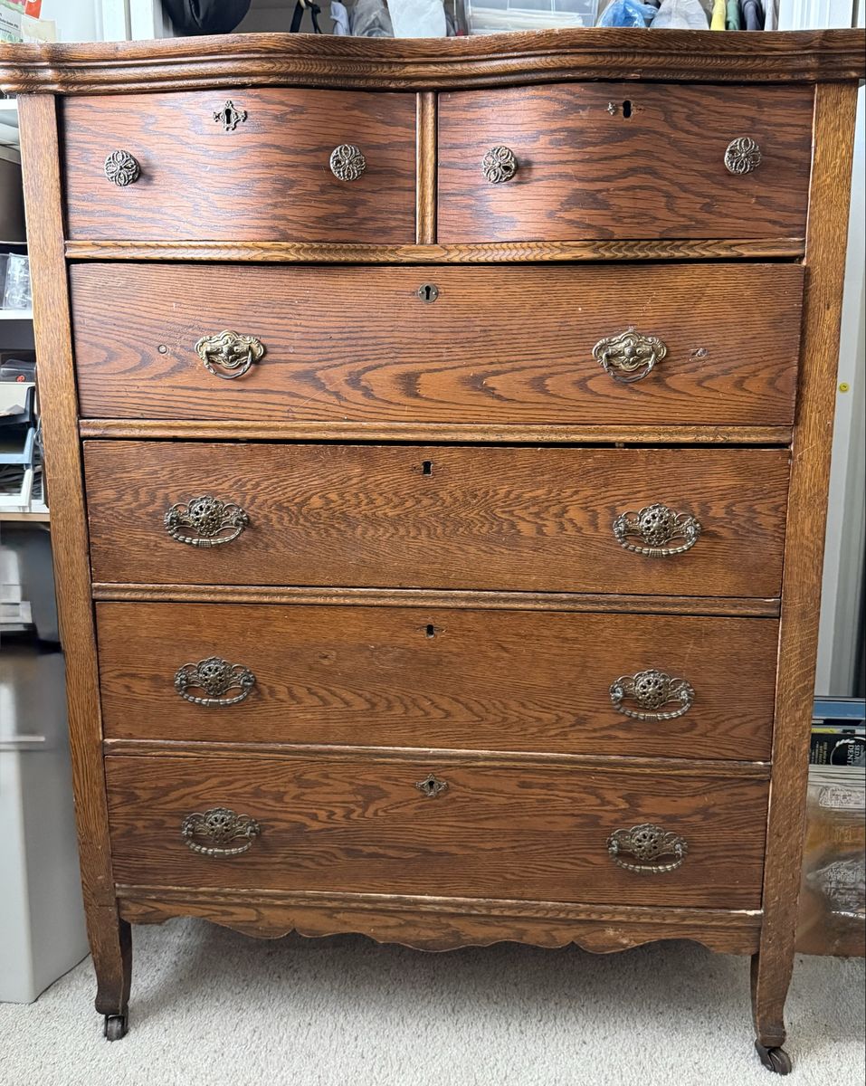 Vintage Solid Wood 6-Drawer Dresser/Chest - Ornate Brass Handles, Carved Top