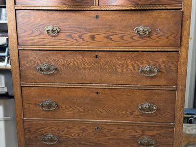 Vintage Solid Wood 6-Drawer Dresser/Chest - Ornate Brass Handles, Carved Top