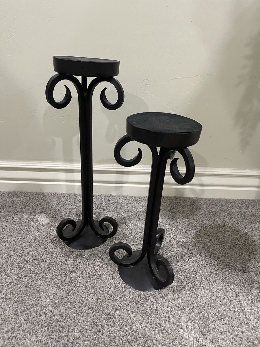 Black Wrought Iron Candle Holder Set - 2 Pcs, Various Heights, Scroll Accents