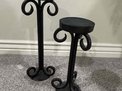 Black Wrought Iron Candle Holder Set - 2 Pcs, Various Heights, Scroll Accents