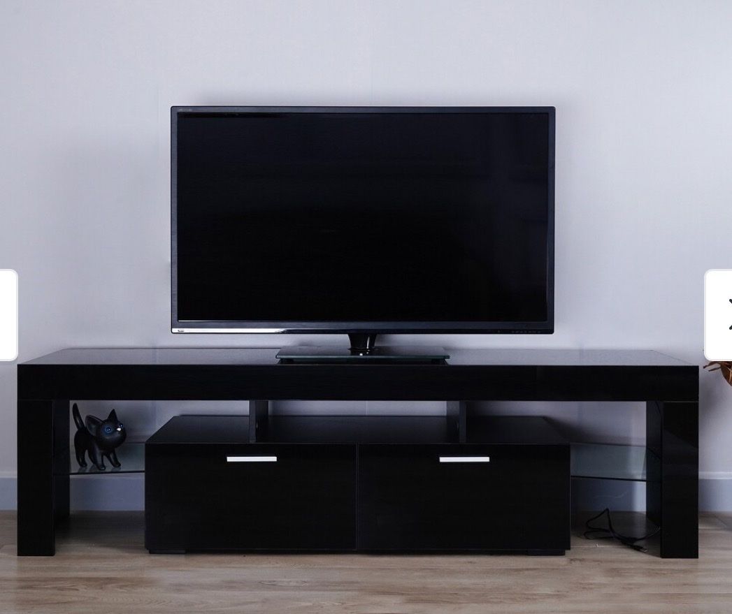 Modern Black 63 Inch High Gloss TV Stand Console with Drawers and Glass Shelves