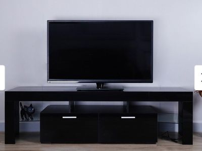 Modern Black 63 Inch High Gloss TV Stand Console with Drawers and Glass Shelves