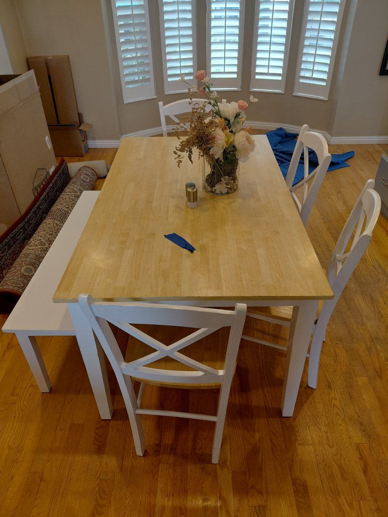 White & Wood Dining Table Set: 4 Chairs & 1 Bench, Classic Farmhouse Style