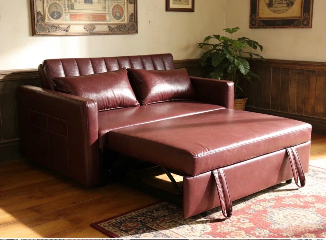 Brand new burgundy Faux Leather Convertible Sleeper Sofa Loveseat with Pull-Out Bed