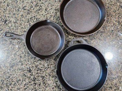 Set of 3 Lodge Cast Iron Skillets - Two 10" and one 8".