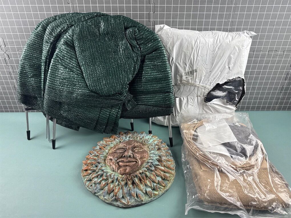 ASSORTMENT OF NEW OUTDOOR TARPS/COVER & SUN DECOR