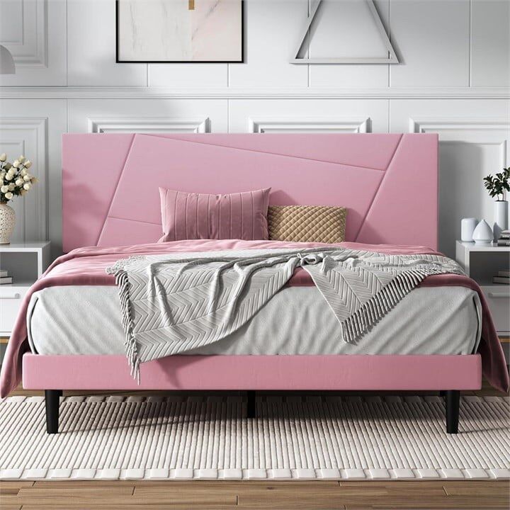 PINK Bed Frame with Velvet Headboard