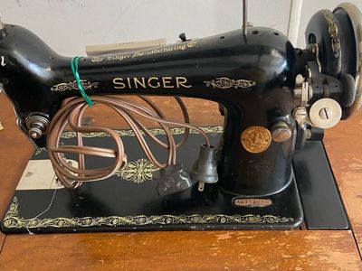 Vintage Singer Sewing Machine - Black, Gold Accents - Model 66 or 99 (Unverified) - Used