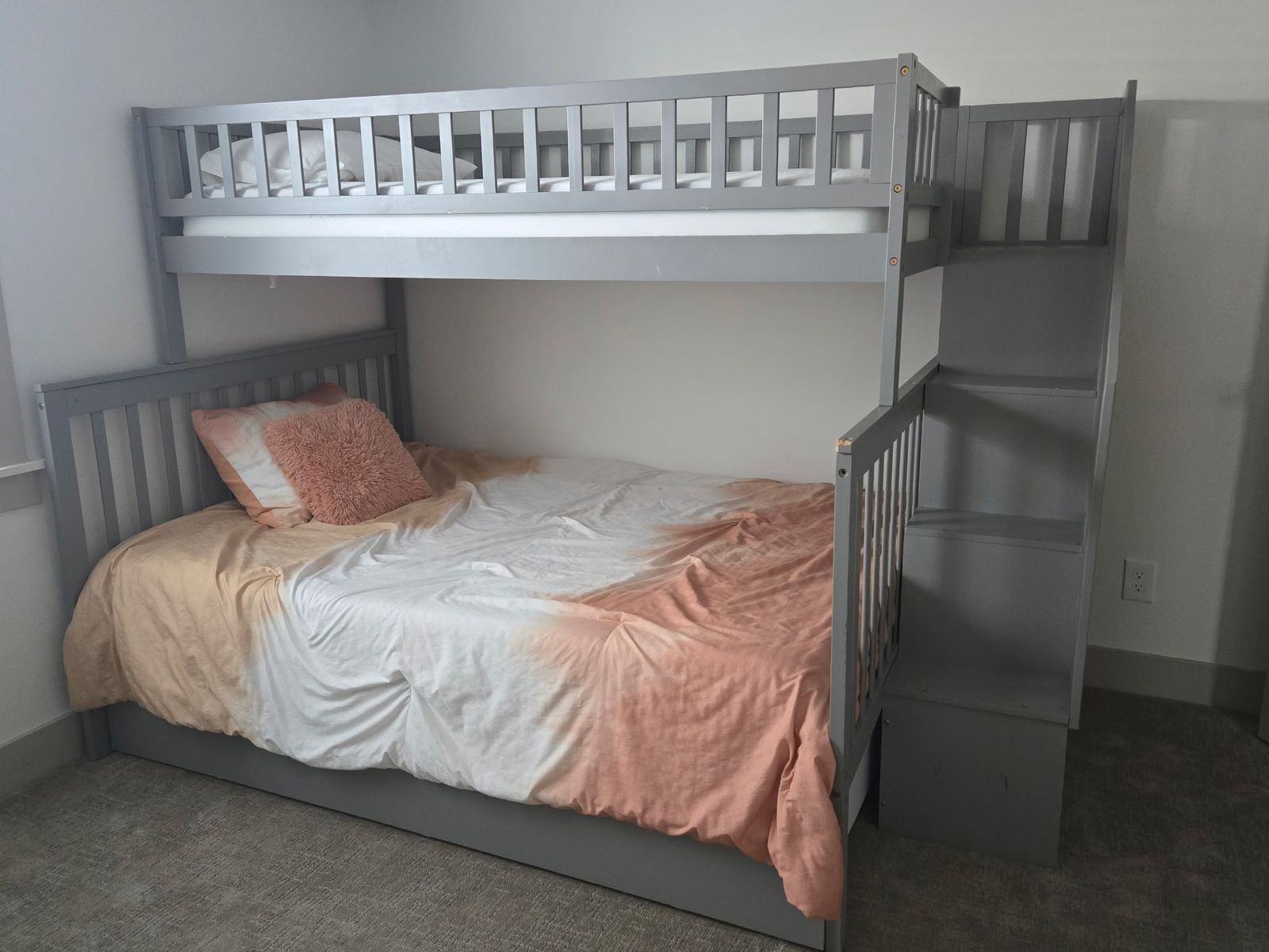 Gray Twin over Full Bunk Bed with twin trundle Storage Stairs and Guardrails