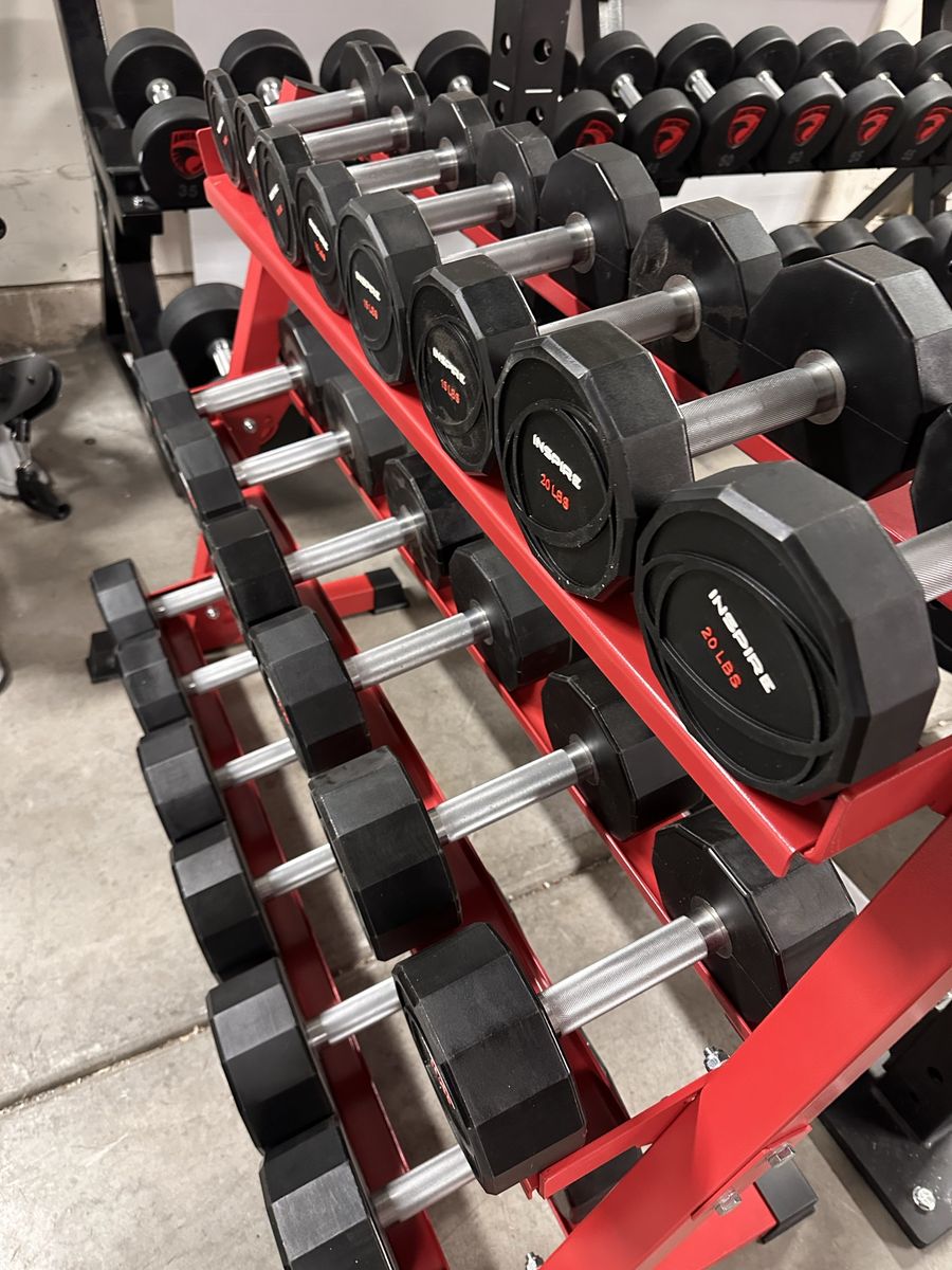 Inspire Urethane Dumbbell Set 5-50LB & Rep Fitness Dumbbell Rack