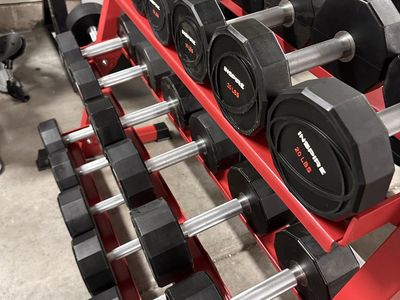 Inspire Urethane Dumbbell Set 5-50LB & Rep Fitness Dumbbell Rack