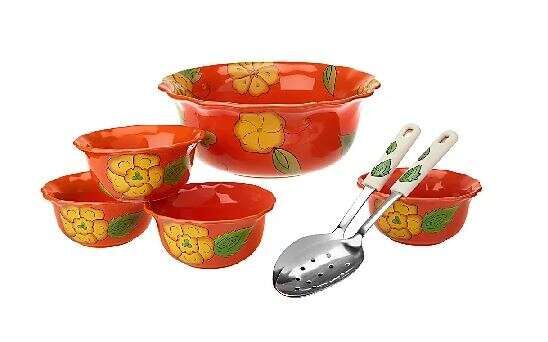 Temp-tations Poppy Passion 5-piece Bowl Set with Utensils, 8-piece serving set and 1 decorative dish