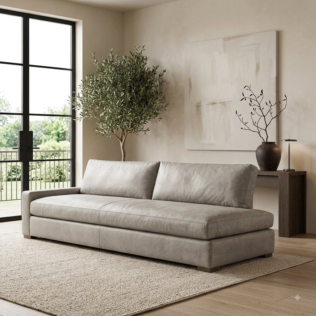 ​10-Foot Restoration Hardware Leather Modular One-Arm Sofa / Couch / Luxe Daybed
