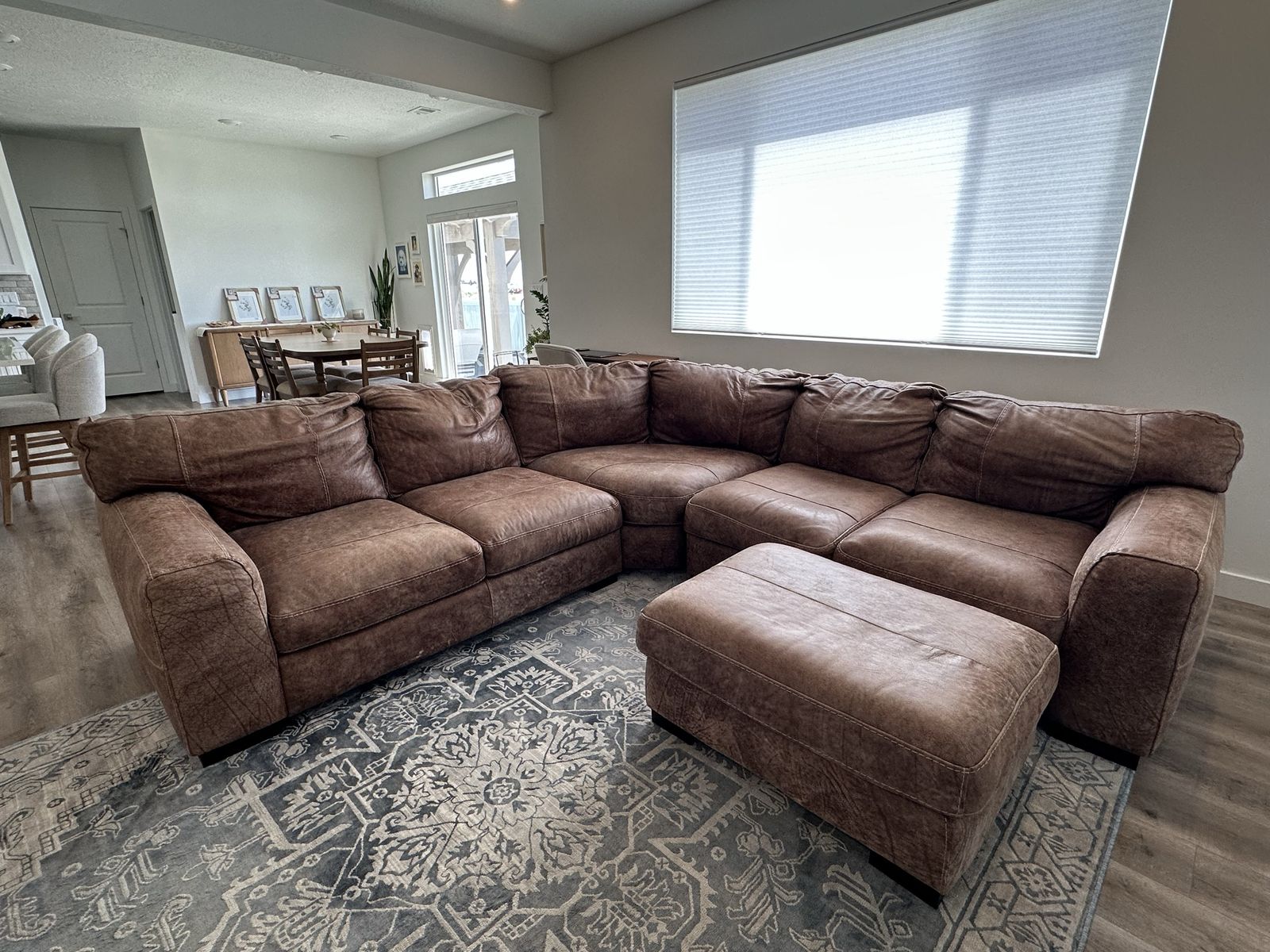 Genuine Leather Brown Sectional Sofa with Ottoman