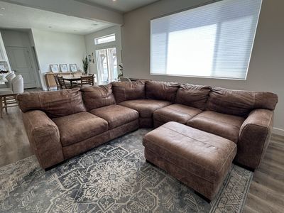 Genuine Leather Brown Sectional Sofa with Ottoman