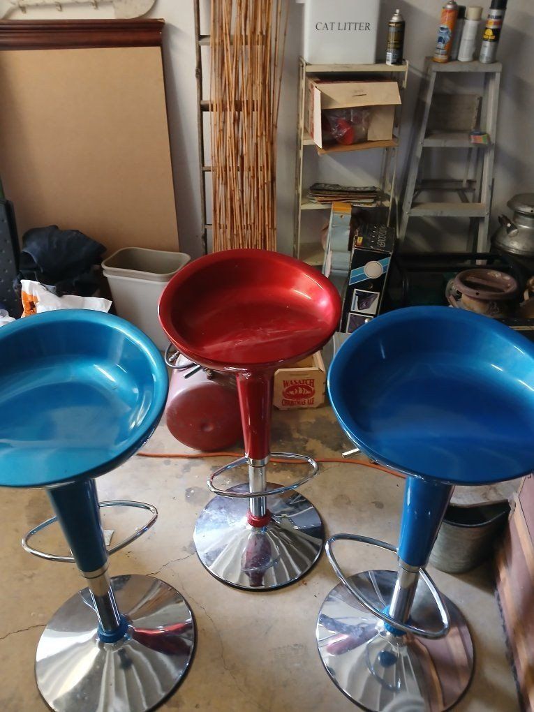 Set of 3 Adjustable Swivel Bar Stools - 2 Blue, 1 Red - Chrome Base