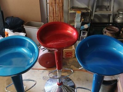 Set of 3 Adjustable Swivel Bar Stools - 2 Blue, 1 Red - Chrome Base