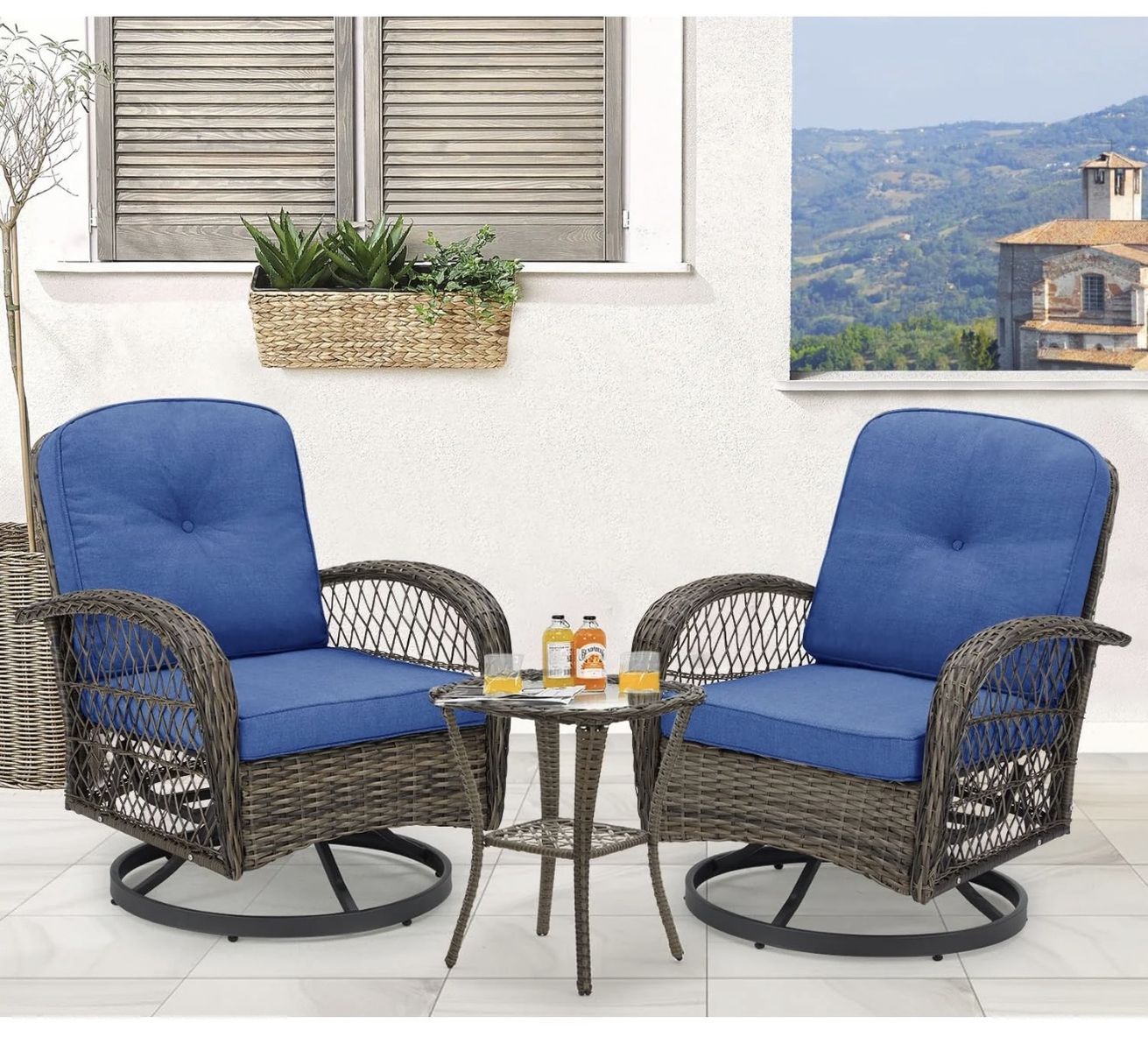 3 Pieces Rocking Swivel Patio Chairs – Blue