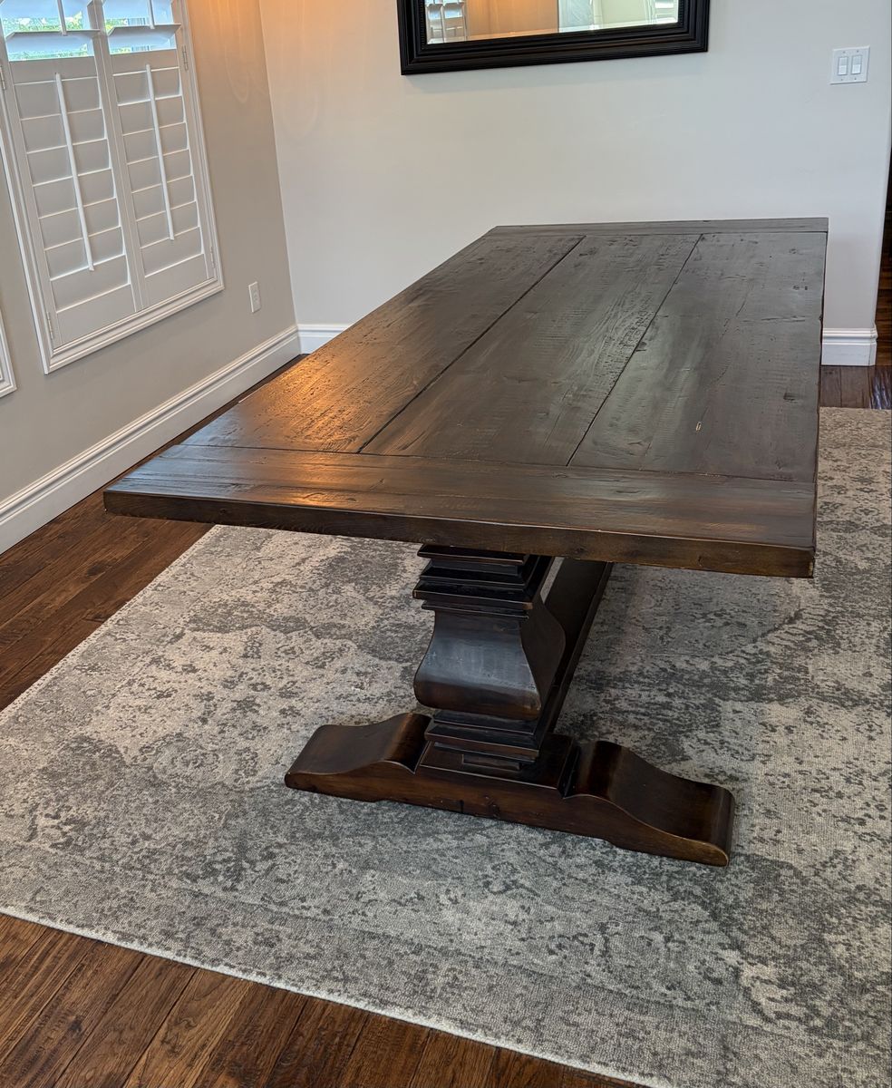 Restoration Hardware- Large Rustic Wood Trestle Dining Table - Dark Brown Finish, Sturdy Construction