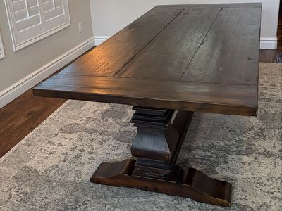 Restoration Hardware- Large Rustic Wood Trestle Dining Table - Dark Brown Finish, Sturdy Construction