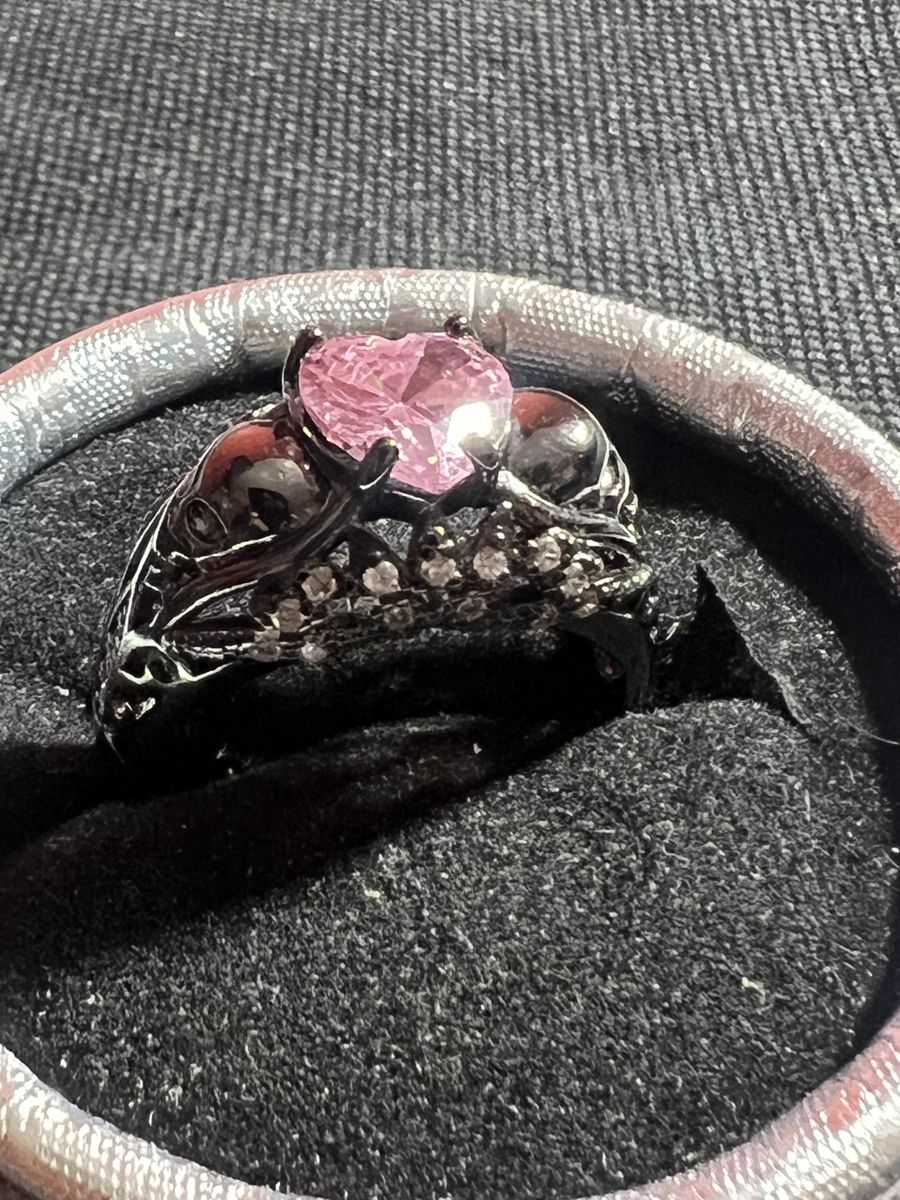 Heart Shaped Pink Gem Black Skull Ring - Unique Design Size-10.5