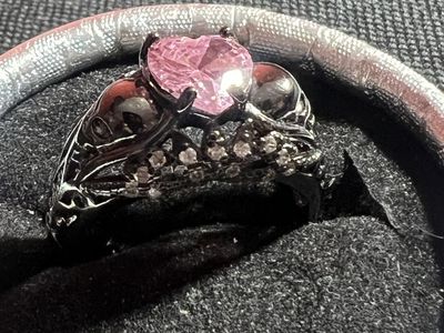 Heart Shaped Pink Gem Black Skull Ring - Unique Design Size-10.5