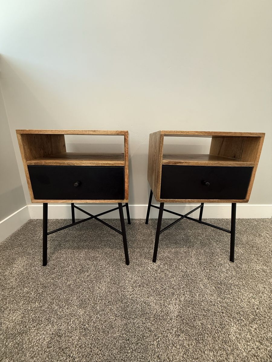 Set of 2 MangoWood & Metal Nightstands - Modern End Tables with Drawer & Open Shelf