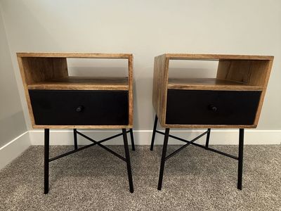 Set of 2 MangoWood & Metal Nightstands - Modern End Tables with Drawer & Open Shelf