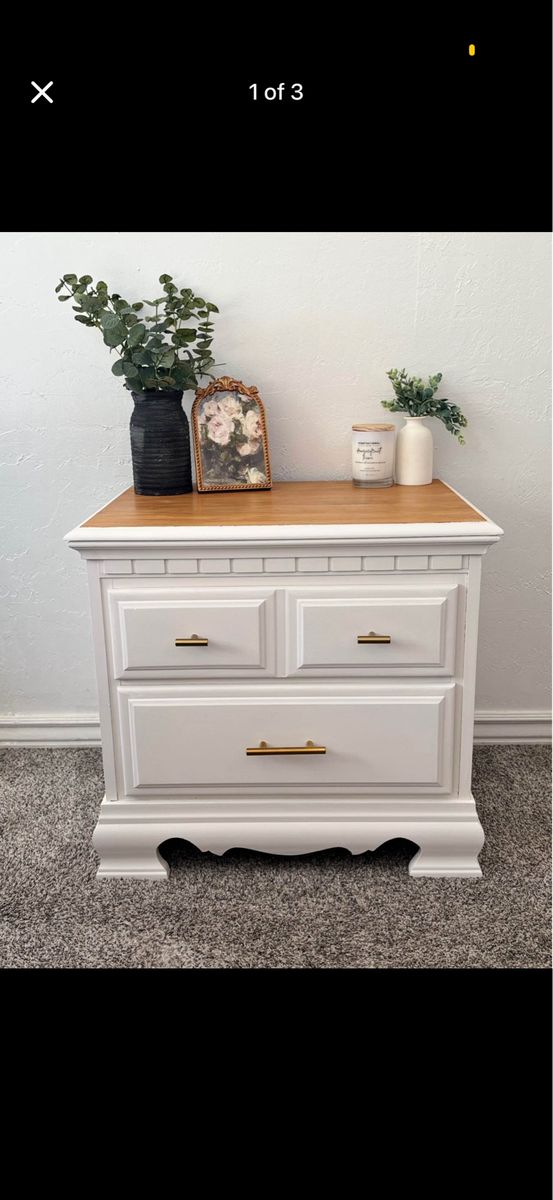 Vintage Refinished Solid Wood Nightstand - Cream White with Natural Top & Gold Hardware