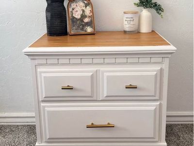 Vintage Refinished Solid Wood Nightstand - Cream White with Natural Top & Gold Hardware