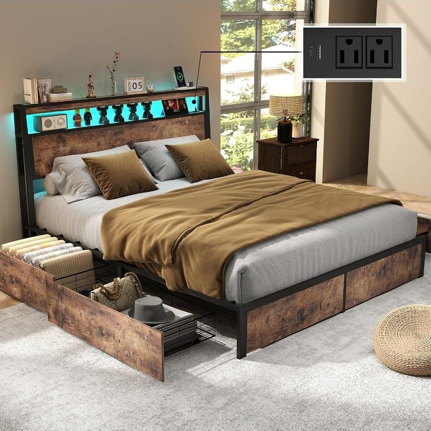 Full Size Bed Frame with LED Lights, Storage & Charging Station #489