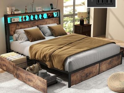 Full Size Bed Frame with LED Lights, Storage & Charging Station #489
