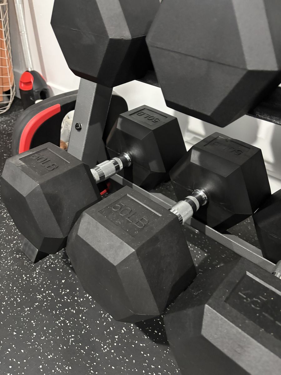 50lb Hex Dumbbells - Pair of Rubber Encased Hexagonal Weights for Strength Training