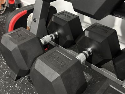50lb Hex Dumbbells - Pair of Rubber Encased Hexagonal Weights for Strength Training