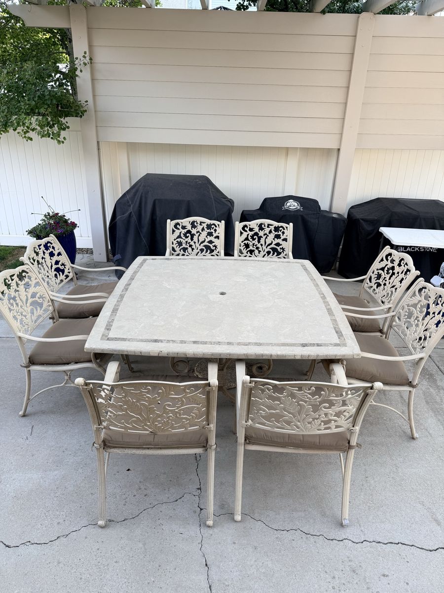 8-Piece Outdoor Patio Dining Set - Stone Top Table & 8 Cast Aluminum Armchairs