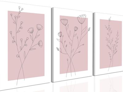 3-Piece Framed Canvas Wall Art Set Pink Minimalist Floral Prints (12x16 In)