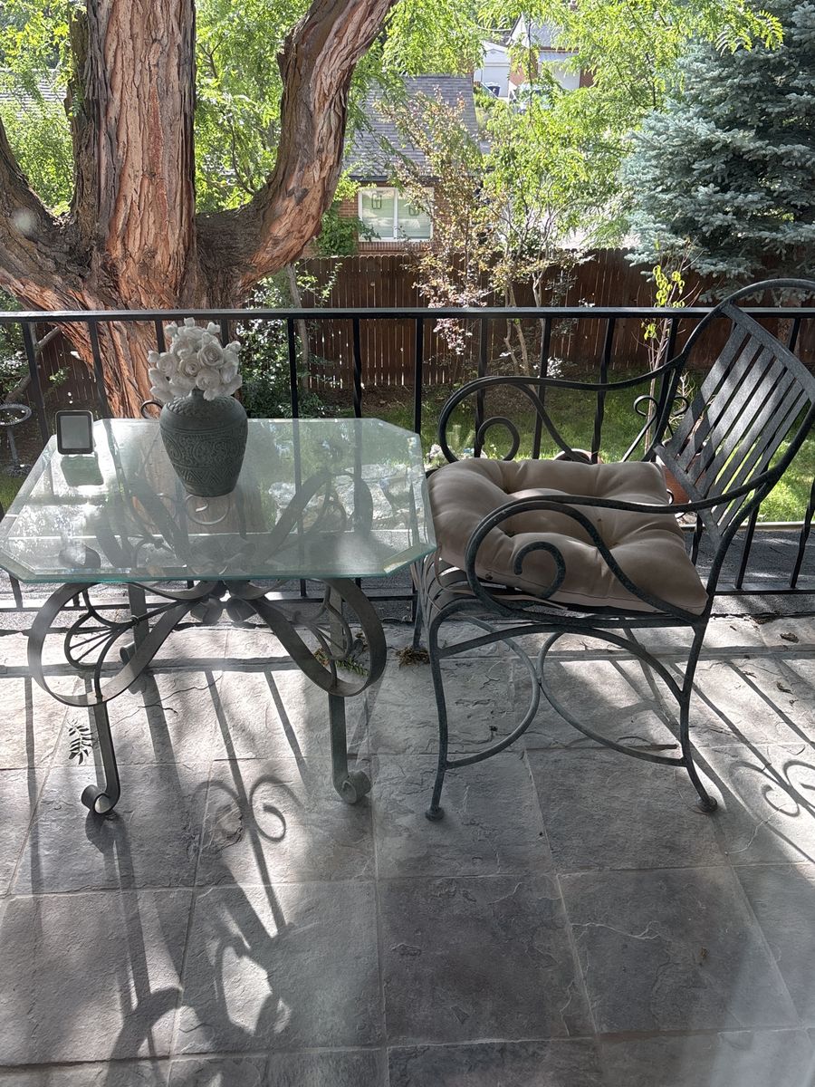 Wrought Iron Patio Set - Glass Top Table & Cushioned Armchair