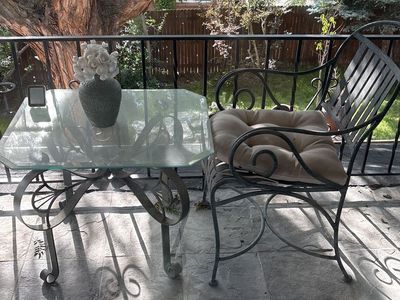 Wrought Iron Patio Set - Glass Top Table & Cushioned Armchair