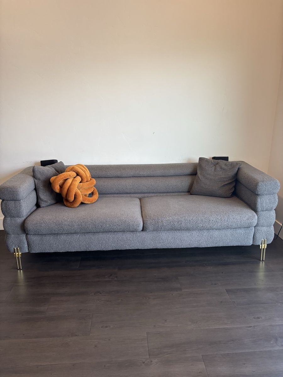 Modern Grey Bouclé Channel-Tufted Sofa with Gold Metal Legs