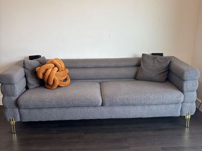 Modern Grey Bouclé Channel-Tufted Sofa with Gold Metal Legs